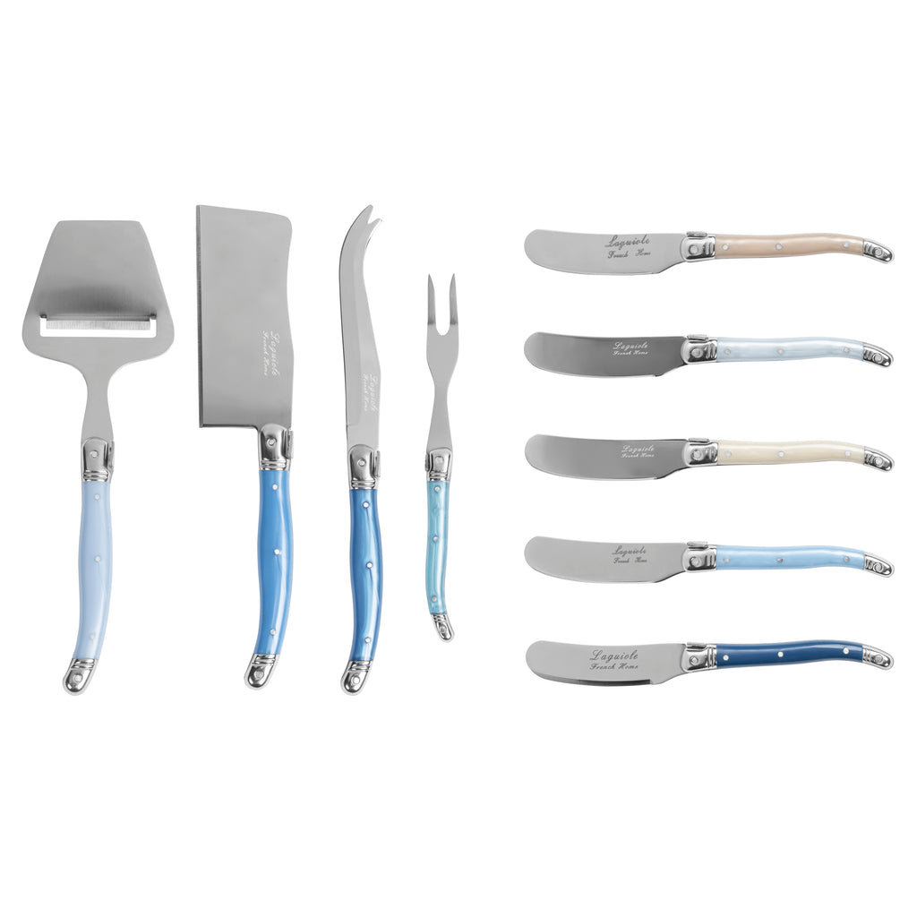 French Home Essential 9-Piece Laguiole Cheese Knife and Spreader Set with Shades of Blue Handles
