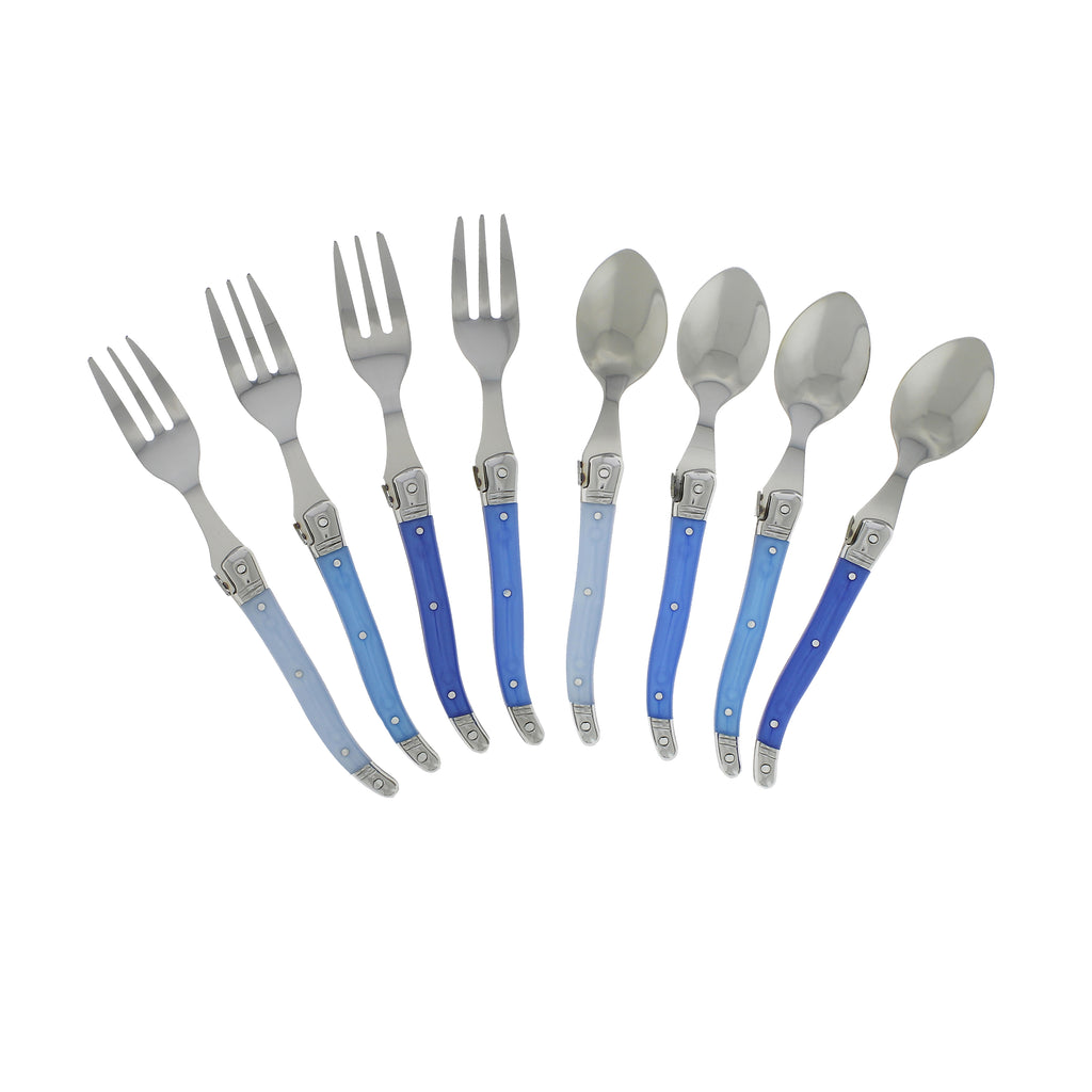 French Home Laguiole Cocktail or Dessert Spoons and Forks, Set of 8, Shades of Blue