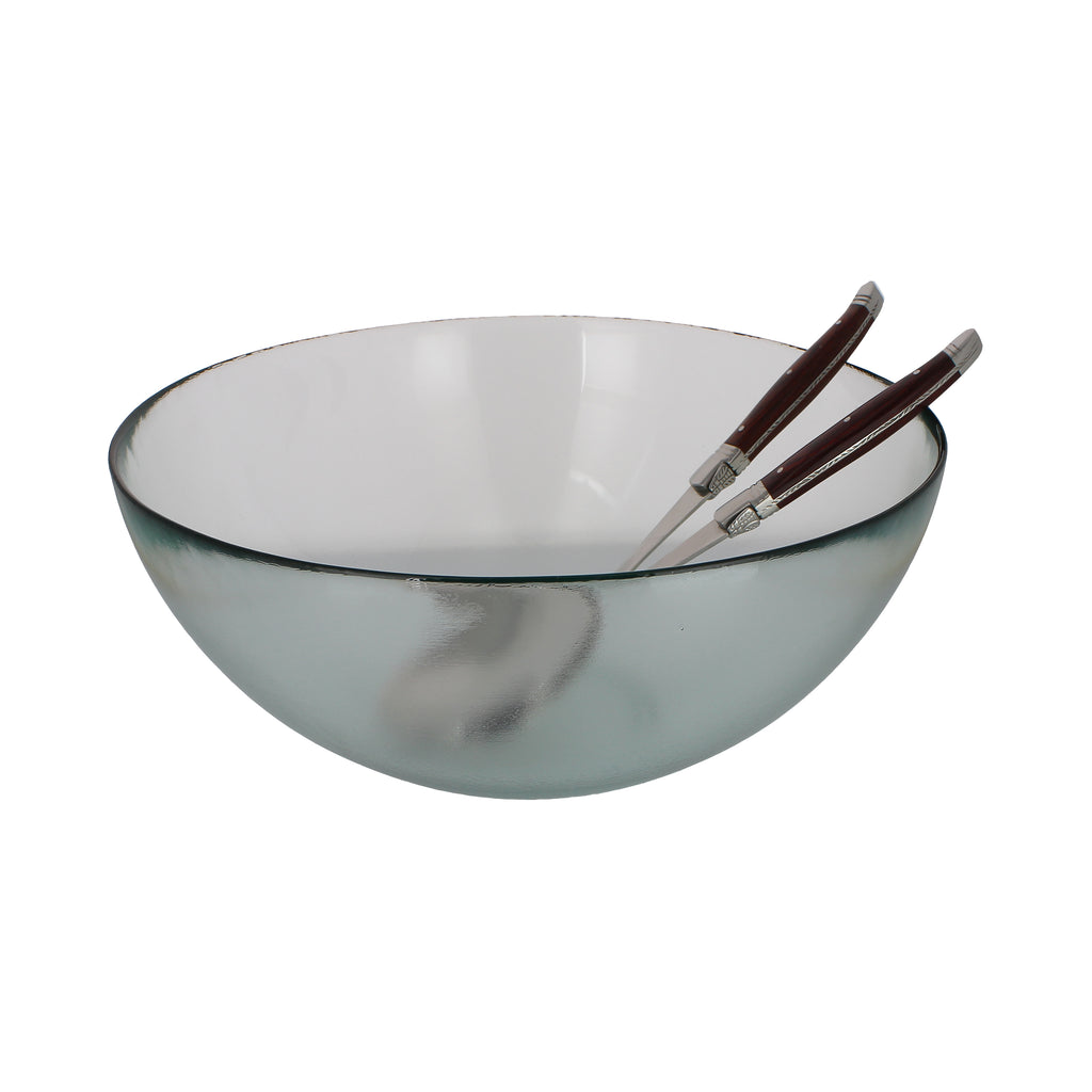 French Home Clear Recycled Glass Urban Salad Bowl and Laguiole Servers with Rosewood handles