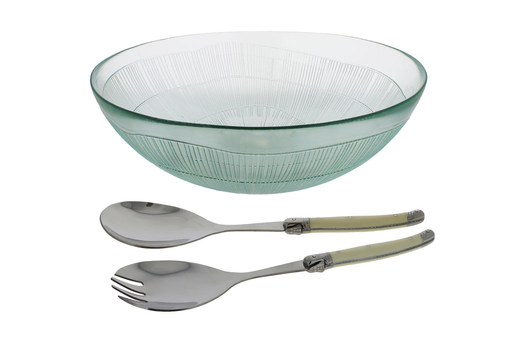 French Home Recycled Glass Birch Salad Bowl and Laguiole Servers with Faux Ivory handles