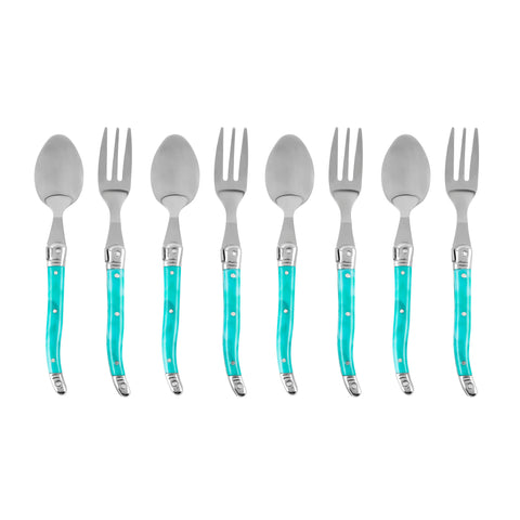 French Home Laguiole Cocktail or Dessert Spoons and Forks, Set of 8, Turquoise
