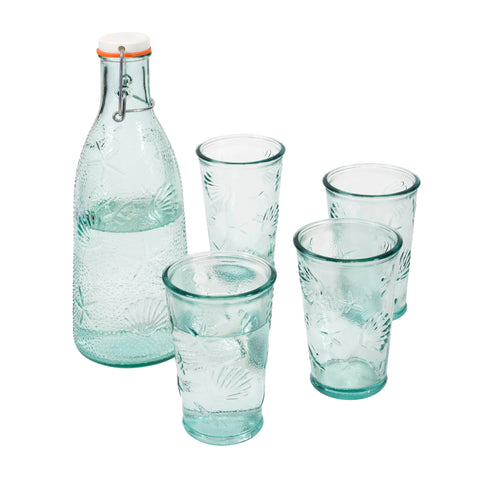 French Home Recycled Clear Glass, 1-quart Coastal Water Bottle and Set of 4, 10-ounce Glasses