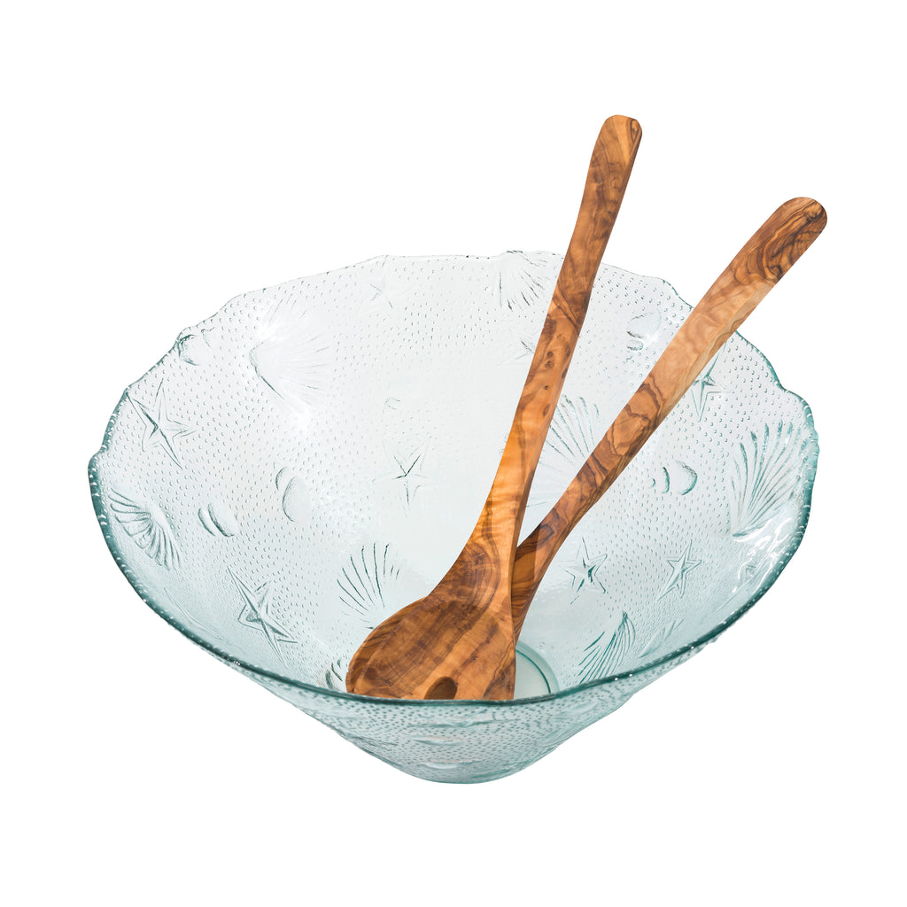French Home Recycled Clear Glass 12"W x 6"H, Coastal Salad Bowl and Olive Wood Servers