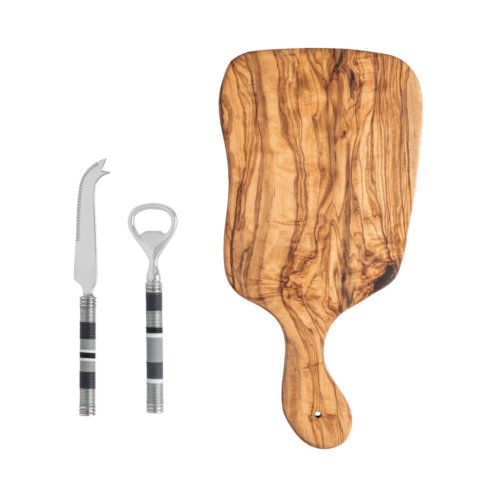 French Home Jubilee Cheese Knife, Bottle Opener and Olive Wood Board Set - Shades of Graphite
