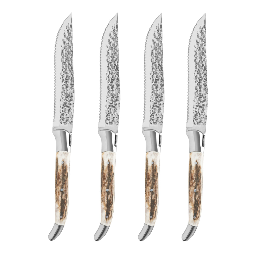 French Home Laguiole Set of 4, Connoisseur BBQ Steak Knives with Deer Horn Handles