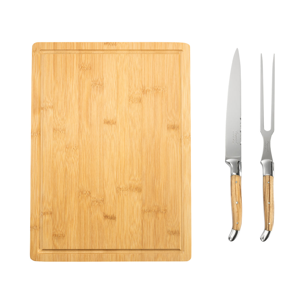 French Home 2 Piece Connoisseur Laguiole Olive Wood Carving Knife and Fork and Bamboo Cutting Board with Moat