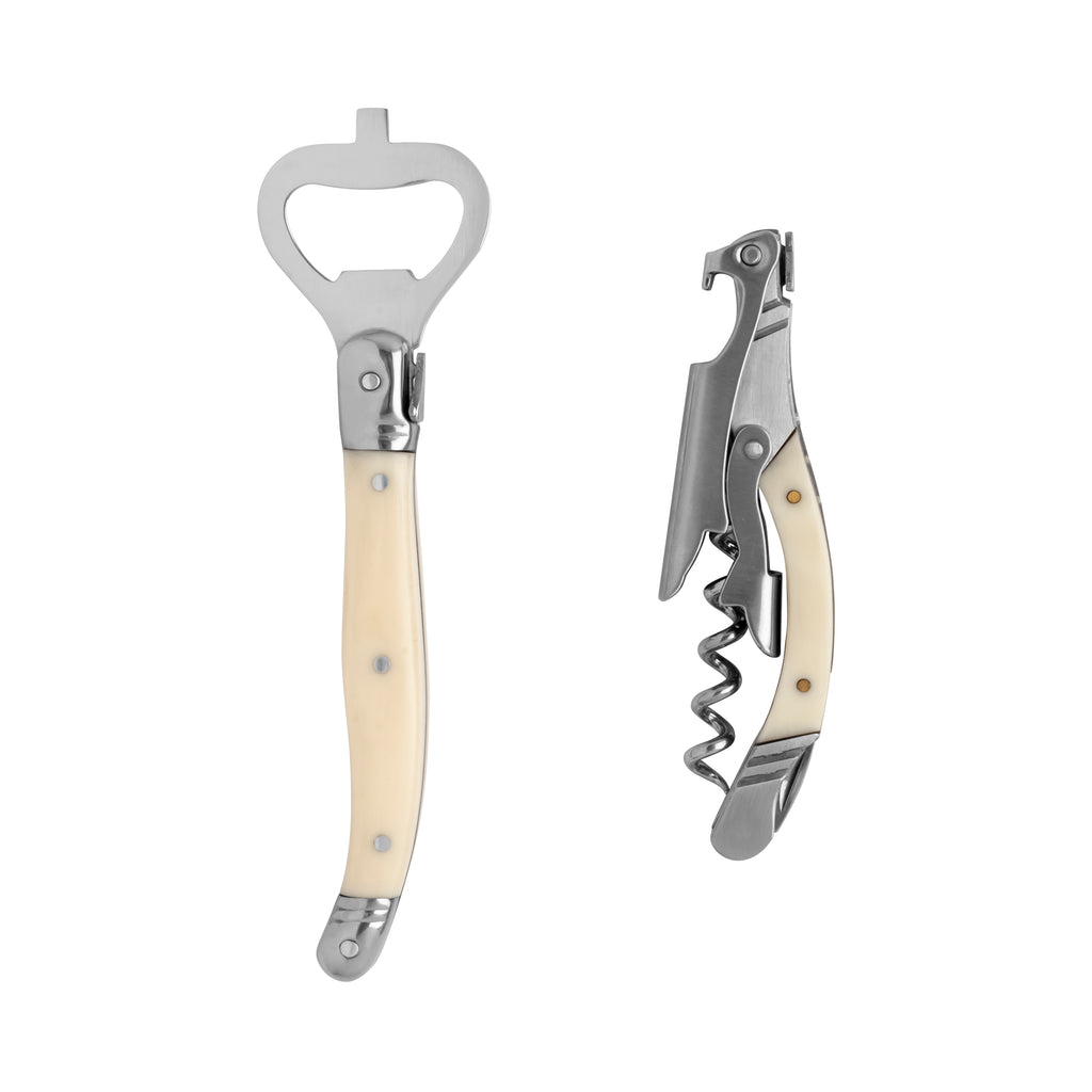 French Home Laguiole Barware Bottle Opener & Corkscrew Set with Faux Ivory Handles