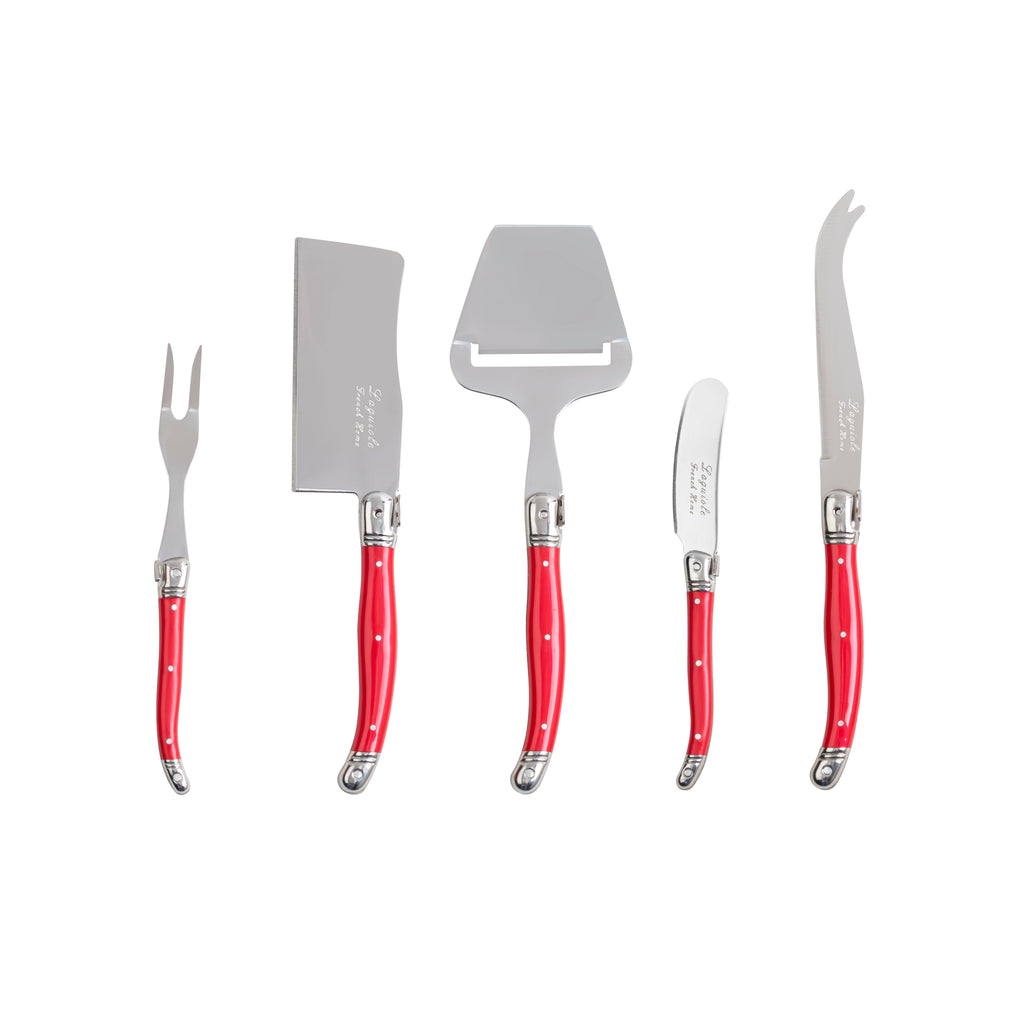 French Home Laguiole 5 Piece Cheese Knife, Fork and Slicer Set, Scarlet Red