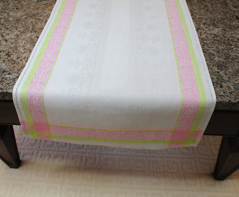 French Home Linen 20" x 68" Cleopatra Table Runner - Chartreuse, Rose, and Pale Lavender