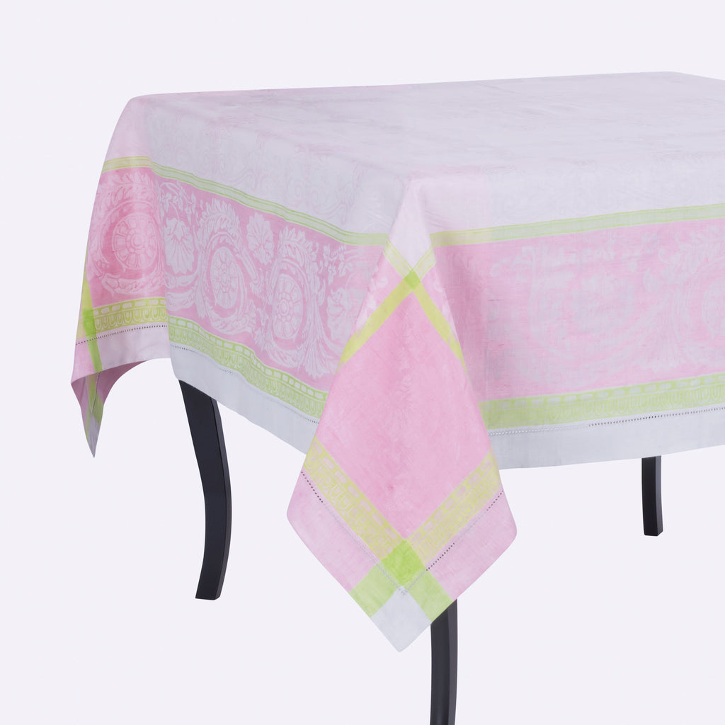 French Home Linen 71" x 100" Cleopatra Tablecloth - Chartreuse, Rose, and Pale Lavender