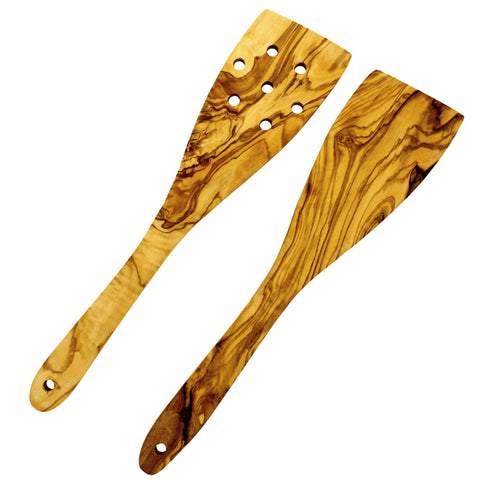 French Home Olive Wood Set of 2, 12-inch Spatulas, One with Holes